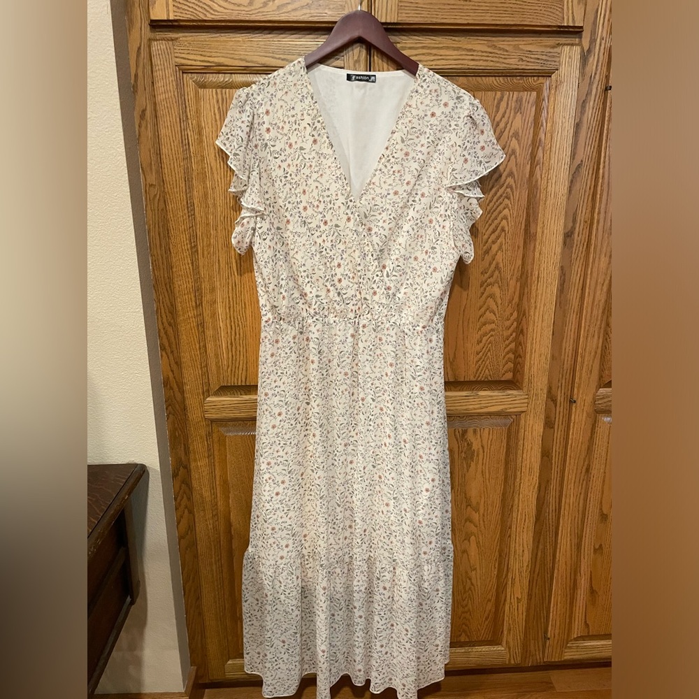 Flowy white floral dress, faux wrap